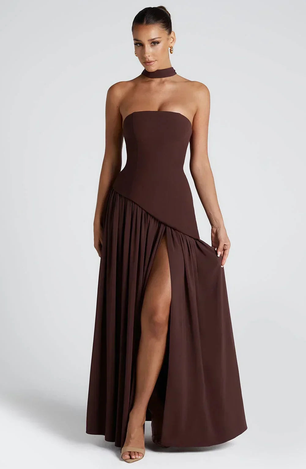 Corset Bustier Maxi Dress – Scarf Detail High-Split Evening Gown | Meave & Ivy