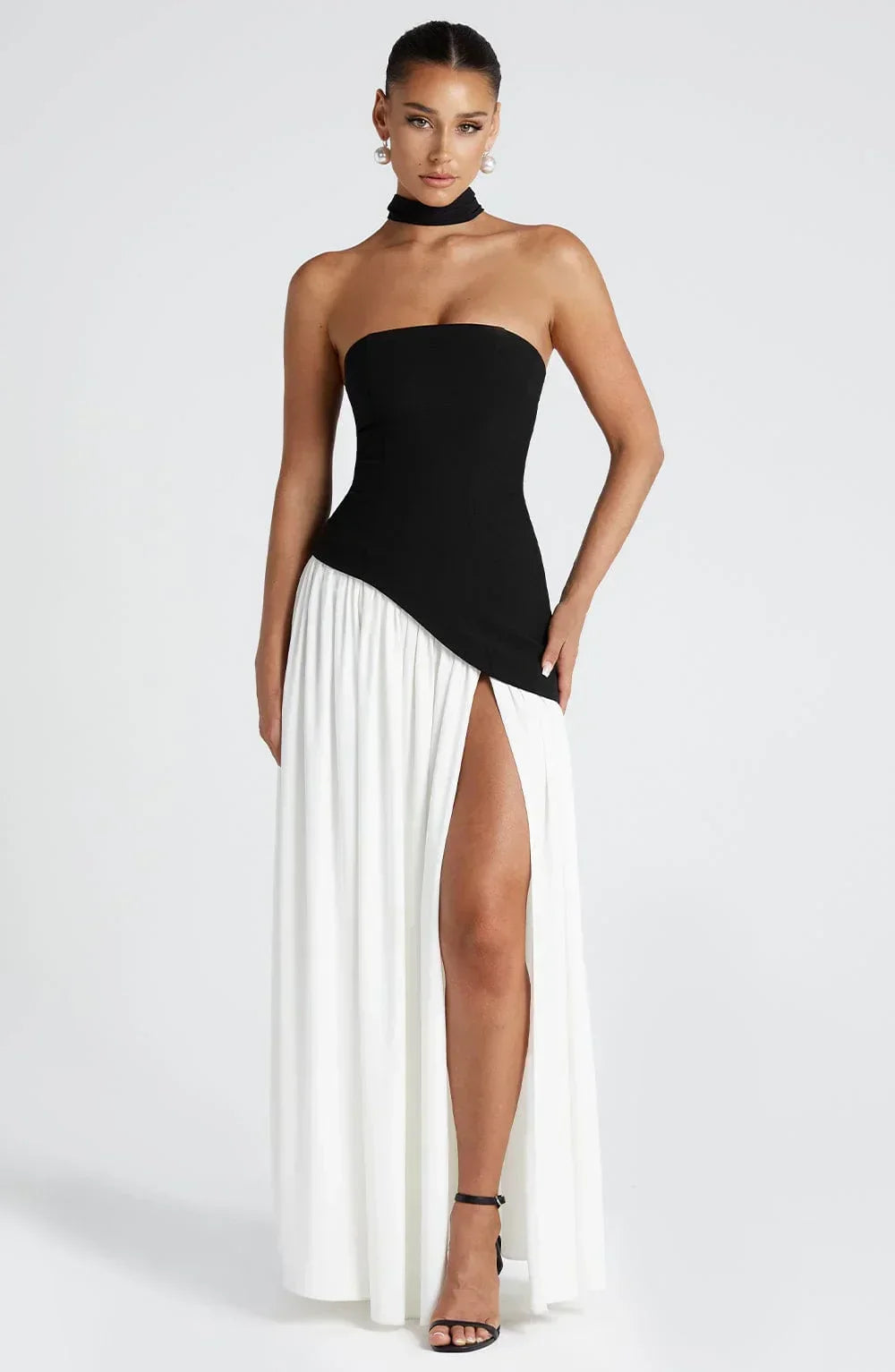 Corset Bustier Maxi Dress – Scarf Detail High-Split Evening Gown | Meave & Ivy