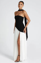 Corset Bustier Maxi Dress – Scarf Detail High-Split Evening Gown | Meave & Ivy