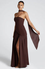 Corset Bustier Maxi Dress – Scarf Detail High-Split Evening Gown | Meave & Ivy