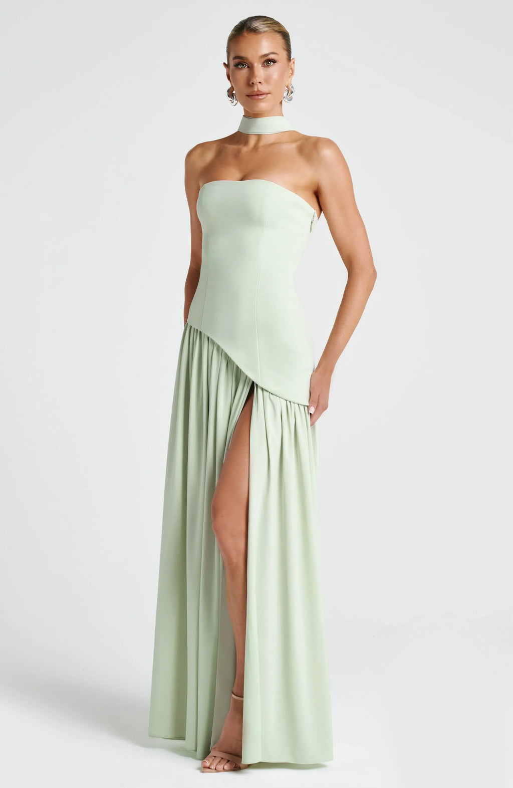 Corset Bustier Maxi Dress – Scarf Detail High-Split Evening Gown | Meave & Ivy