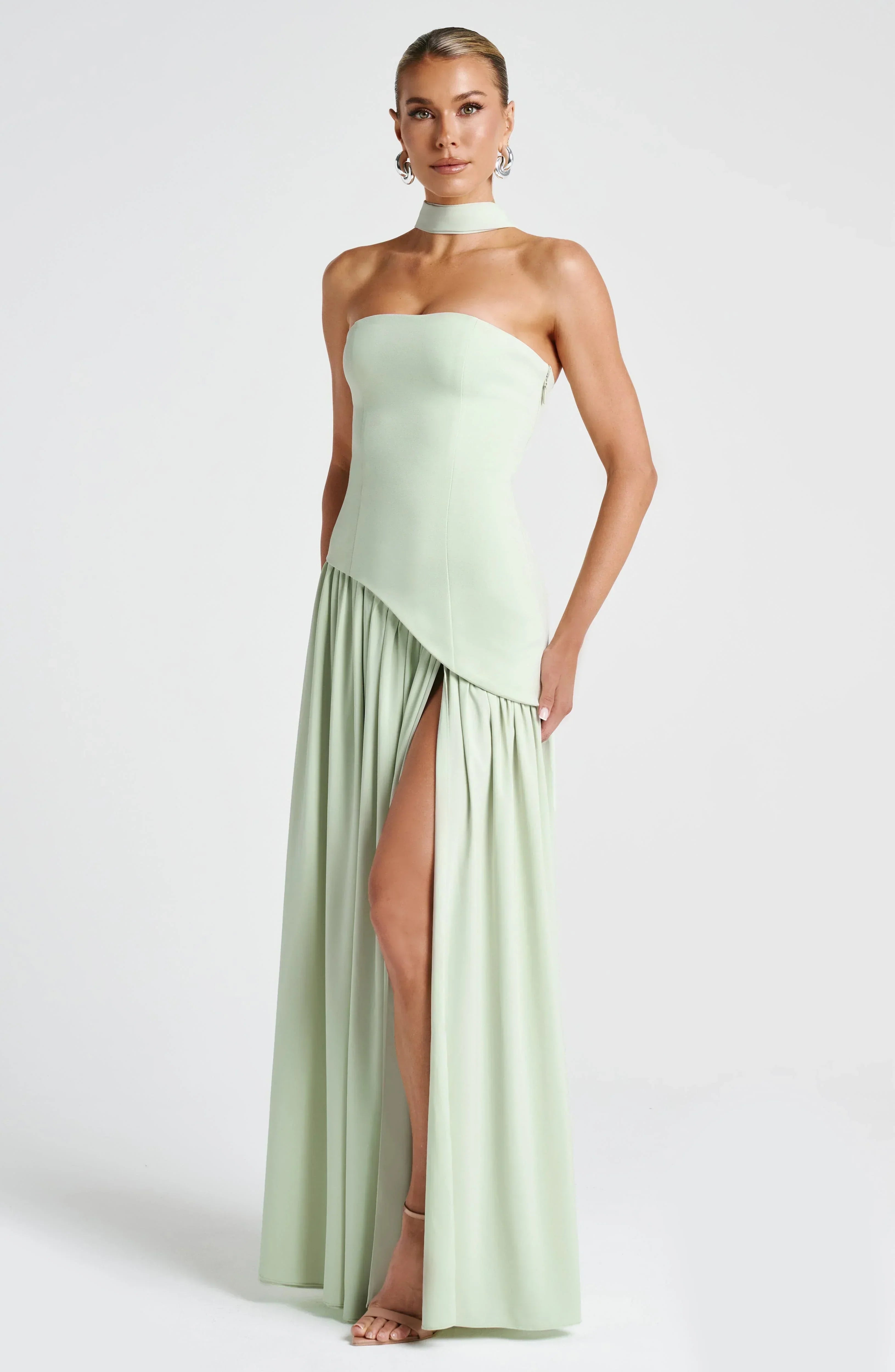 Corset Bustier Maxi Dress – Scarf Detail High-Split Evening Gown | Meave & Ivy