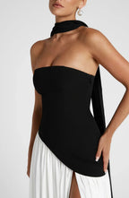 Corset Bustier Maxi Dress – Scarf Detail High-Split Evening Gown | Meave & Ivy