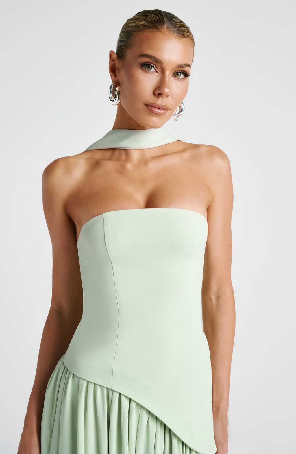 Corset Bustier Maxi Dress – Scarf Detail High-Split Evening Gown | Meave & Ivy
