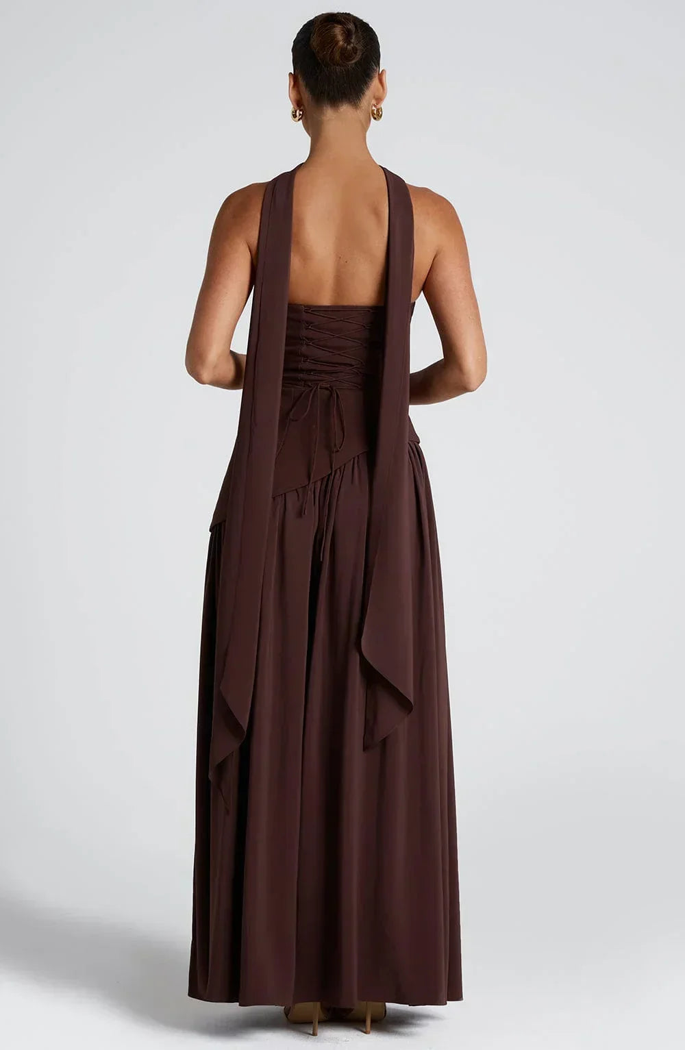 Corset Bustier Maxi Dress – Scarf Detail High-Split Evening Gown | Meave & Ivy