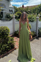 Green Pleated Corset Maxi Dress – Elegant Evening Gown | Meave & Ivy