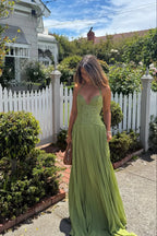 Green Pleated Corset Maxi Dress – Elegant Evening Gown | Meave & Ivy