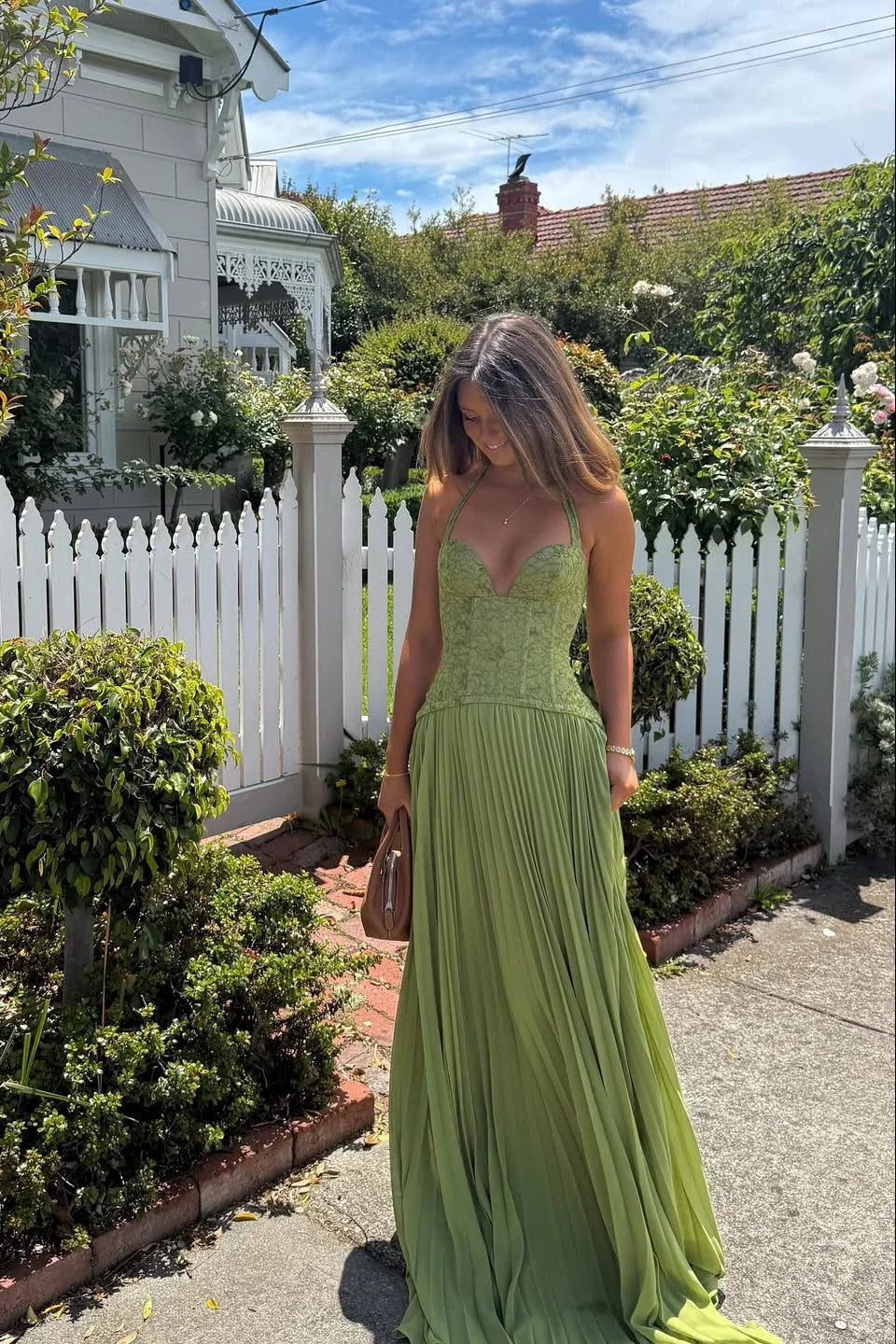 Green Pleated Corset Maxi Dress – Elegant Evening Gown | Meave & Ivy