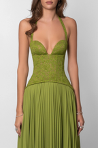 Green Pleated Corset Maxi Dress – Elegant Evening Gown | Meave & Ivy
