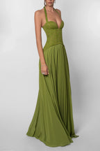 Green Pleated Corset Maxi Dress – Elegant Evening Gown | Meave & Ivy