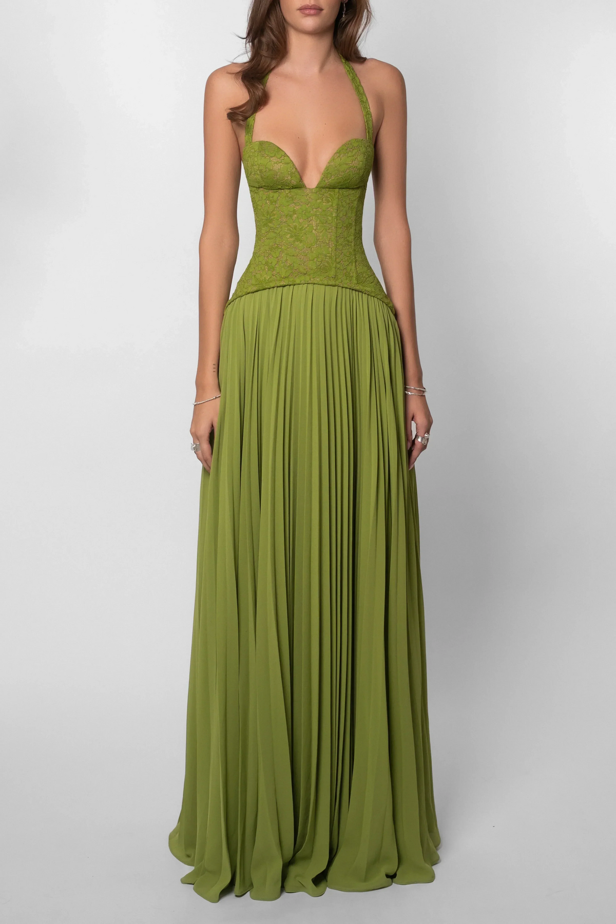 Green Pleated Corset Maxi Dress – Elegant Evening Gown | Meave & Ivy