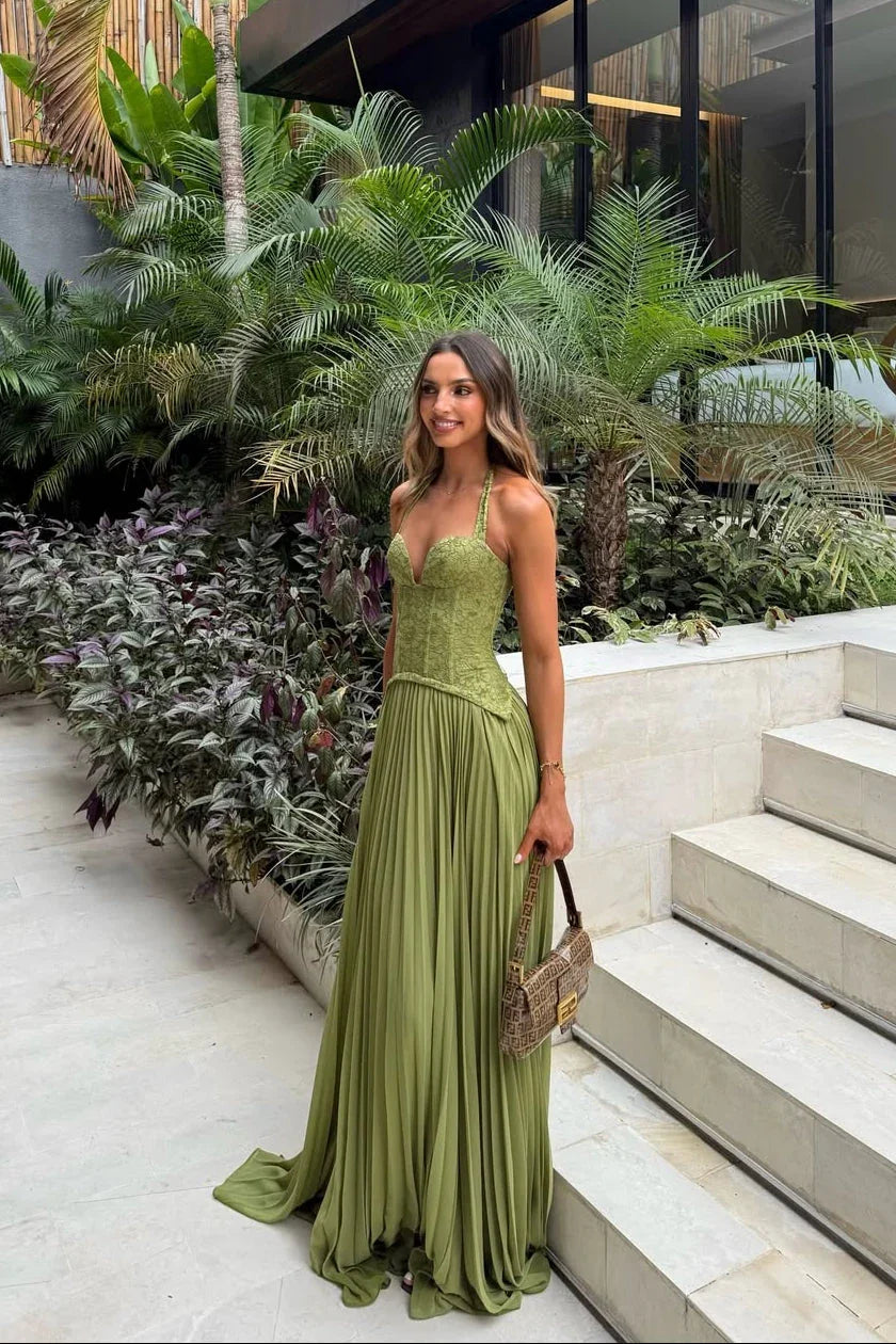 Green Pleated Corset Maxi Dress – Elegant Evening Gown | Meave & Ivy