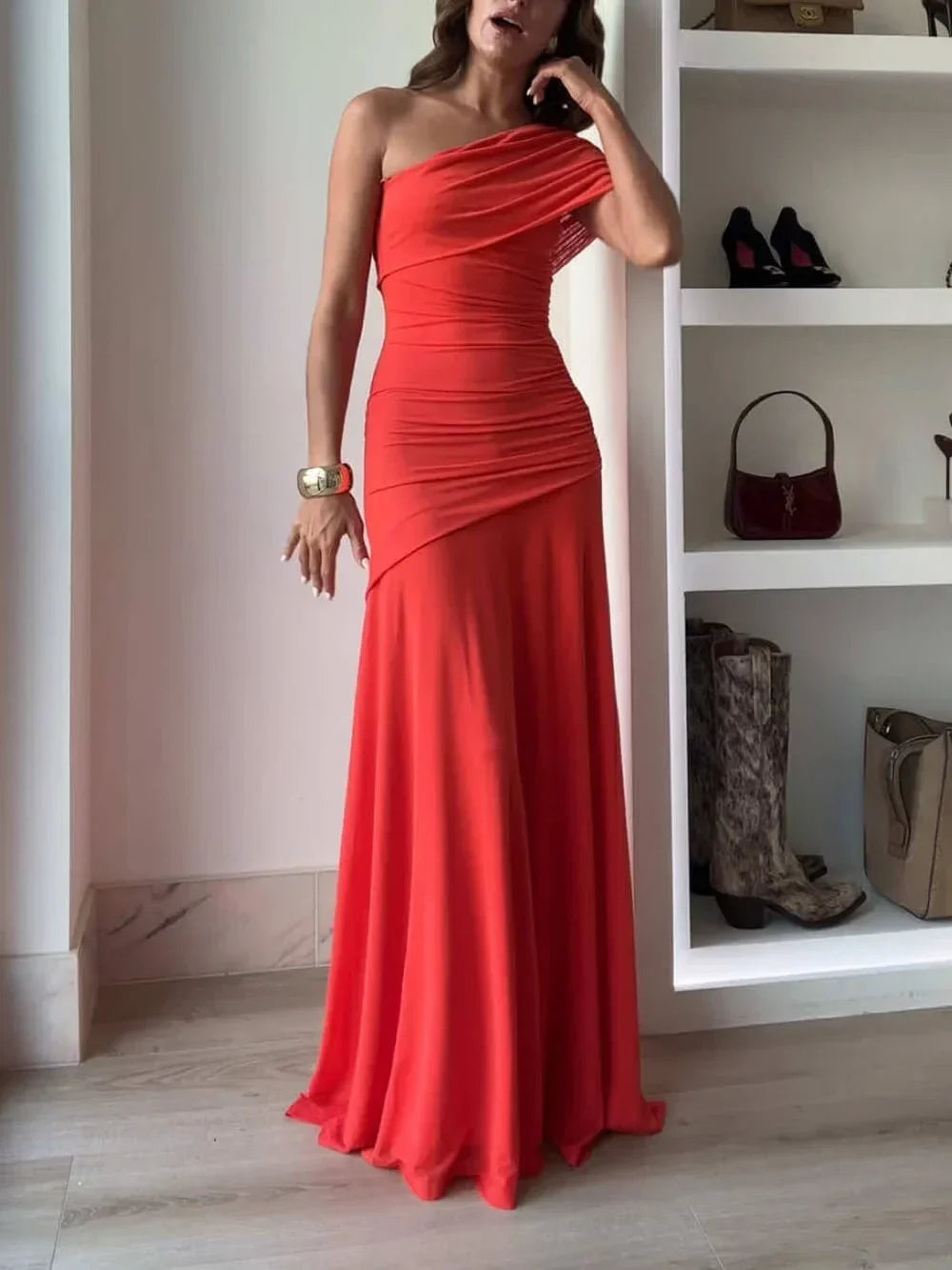 Asymmetric Ruched Maxi Dress – Elegant Evening Occasion Dress | Meave & Ivy