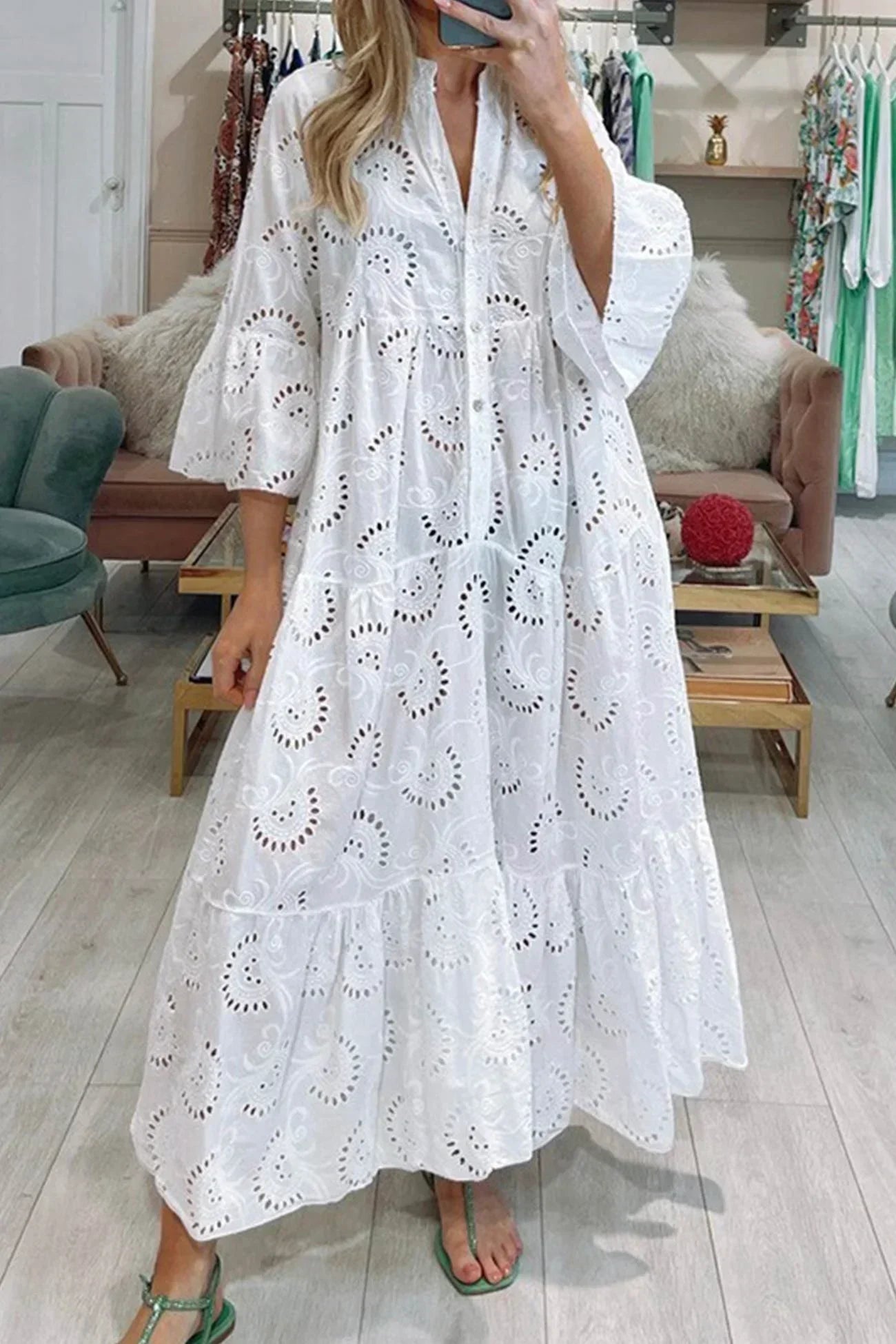 Lace 3/4 Sleeve Maxi Dress – V-Neck Summer Occasion Dress | Meave & Ivy