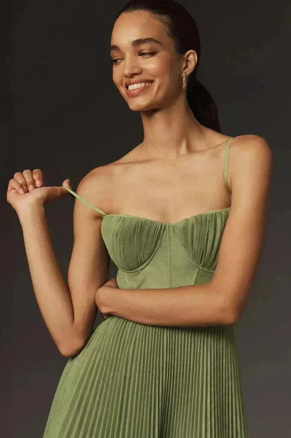 Olive Green Pleated Midi Dress – Elegant Strap Summer Dress | Meave & Ivy
