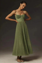 Olive Green Pleated Midi Dress – Elegant Strap Summer Dress | Meave & Ivy