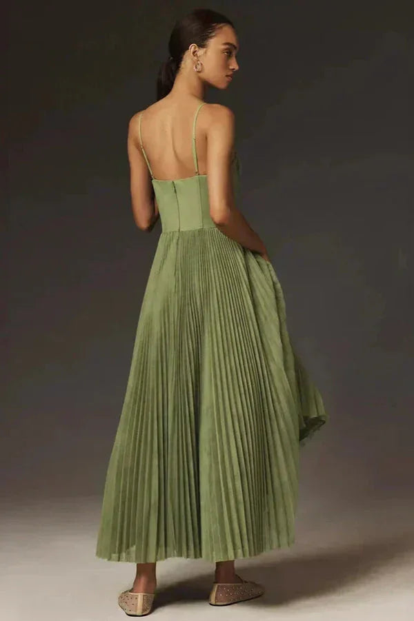 Olive Green Pleated Midi Dress – Elegant Strap Summer Dress | Meave & Ivy