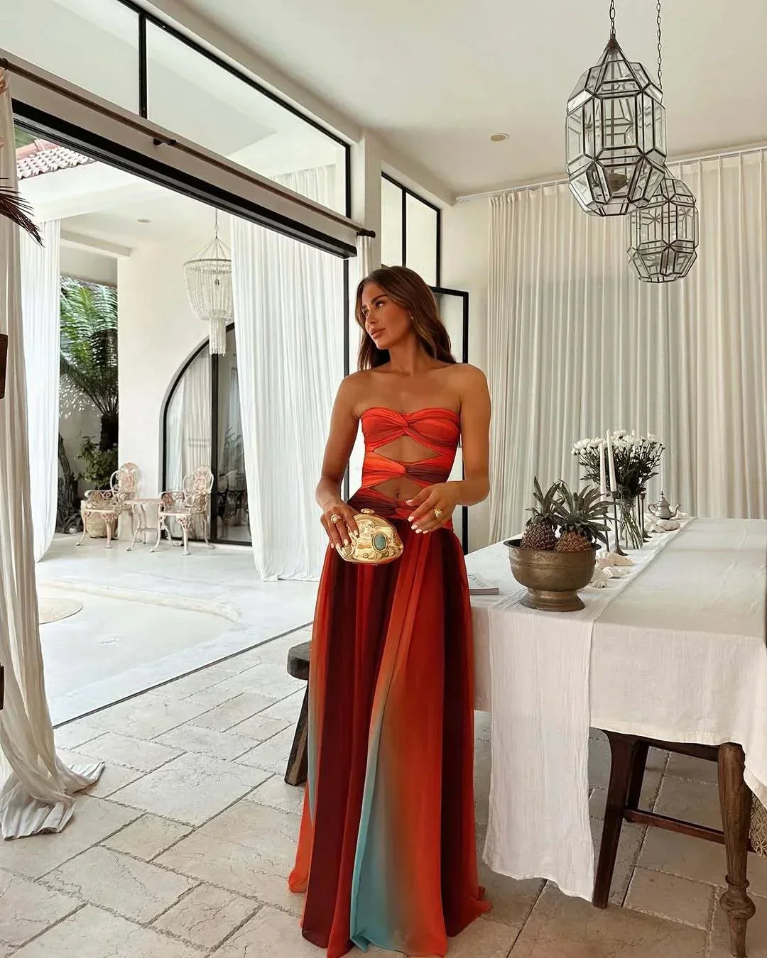 Red Orange Strapless Maxi Dress – Bold Summer Evening Dress | Meave & Ivy