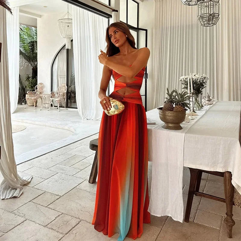 Red Orange Strapless Maxi Dress – Bold Summer Evening Dress | Meave & Ivy