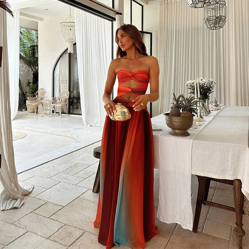 Red Orange Strapless Maxi Dress – Bold Summer Evening Dress | Meave & Ivy
