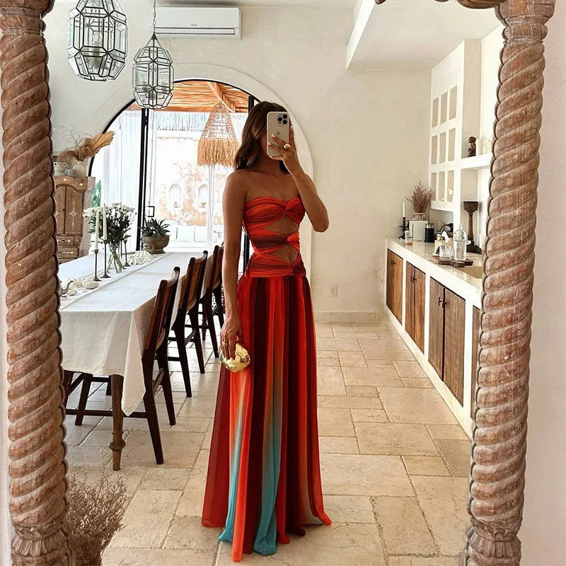 Red Orange Strapless Maxi Dress – Bold Summer Evening Dress | Meave & Ivy