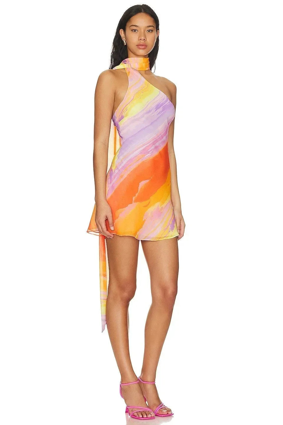 Orange Ombre Halter Mini Dress – Asymmetric Party Dress | Meave & Ivy