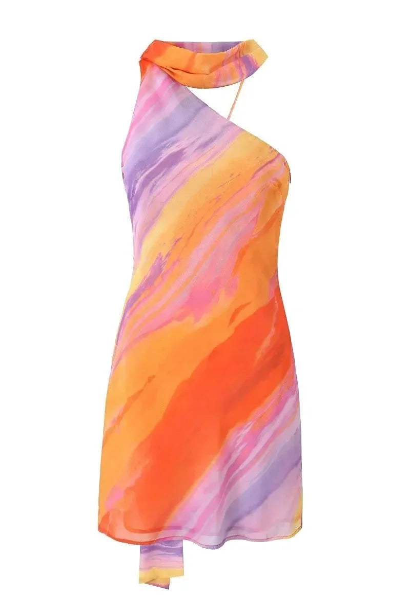 Orange Ombre Halter Mini Dress – Asymmetric Party Dress | Meave & Ivy