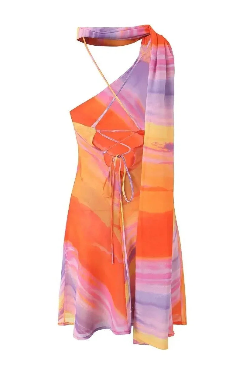 Orange Ombre Halter Mini Dress – Asymmetric Party Dress | Meave & Ivy