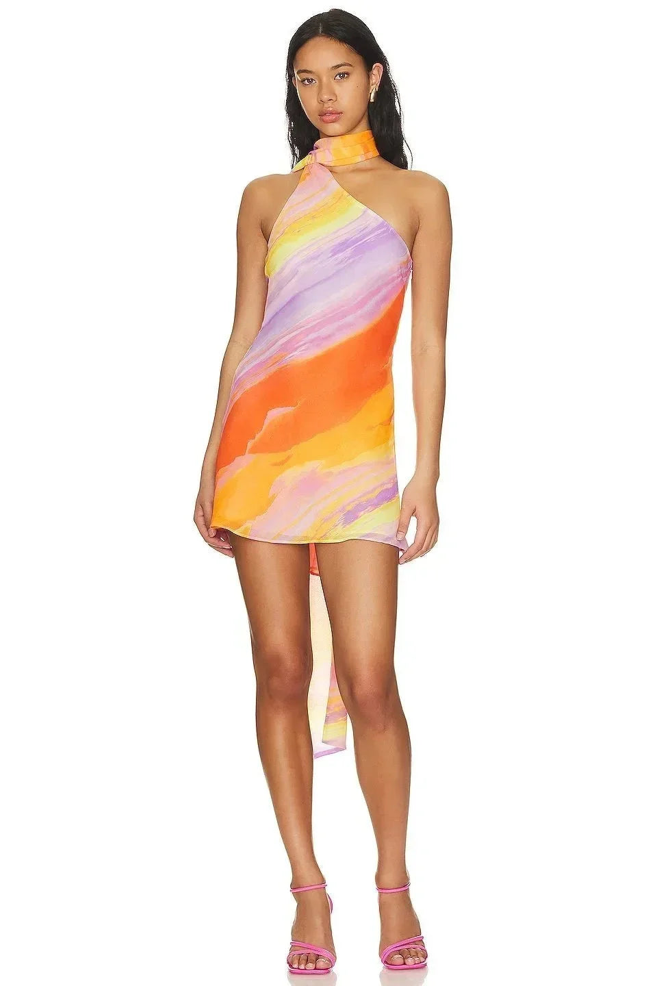 Orange Ombre Halter Mini Dress – Asymmetric Party Dress | Meave & Ivy