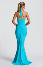 Aqua Slinky Maxi Dress – Elegant Train Evening Gown | Meave & Ivy