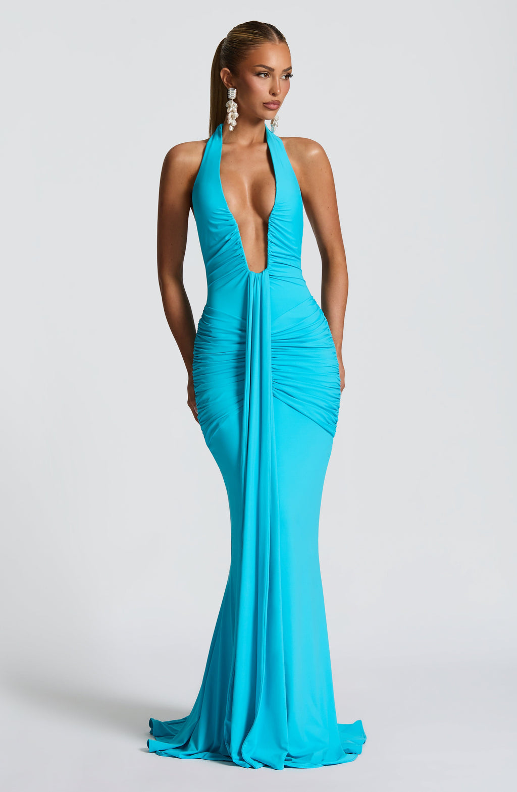 Aqua Slinky Maxi Dress – Elegant Train Evening Gown | Meave & Ivy