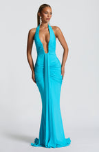 Aqua Slinky Maxi Dress – Elegant Train Evening Gown | Meave & Ivy