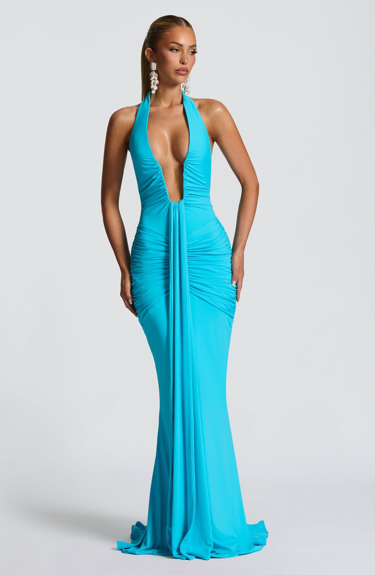 Aqua Slinky Maxi Dress – Elegant Train Evening Gown | Meave & Ivy