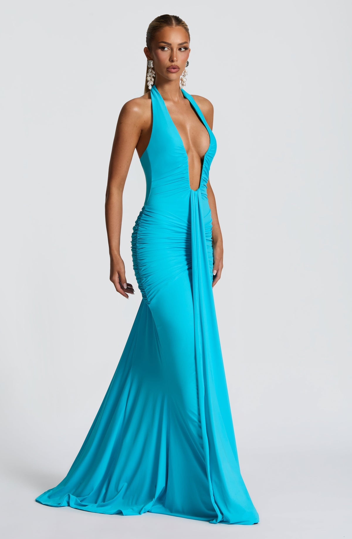 Aqua Slinky Maxi Dress – Elegant Train Evening Gown | Meave & Ivy