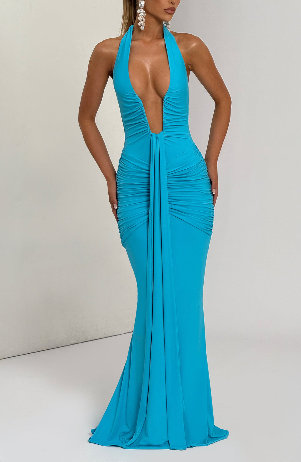 Aqua Slinky Maxi Dress – Elegant Train Evening Gown | Meave & Ivy