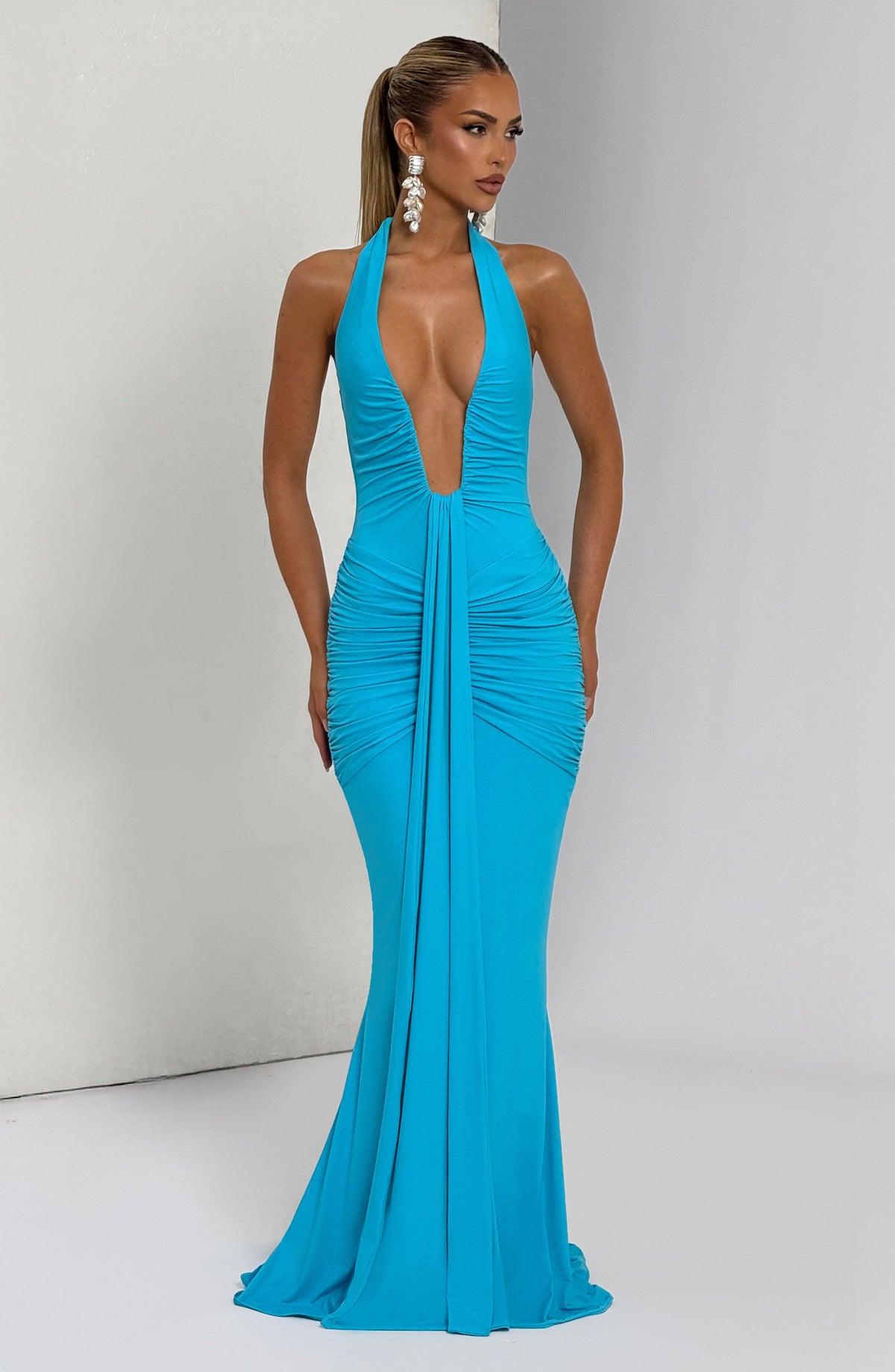 Aqua Slinky Maxi Dress – Elegant Train Evening Gown | Meave & Ivy
