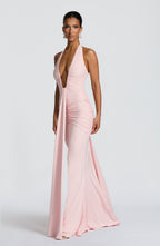 Blush Slinky Maxi Dress – Elegant Train Evening Gown | Meave & Ivy