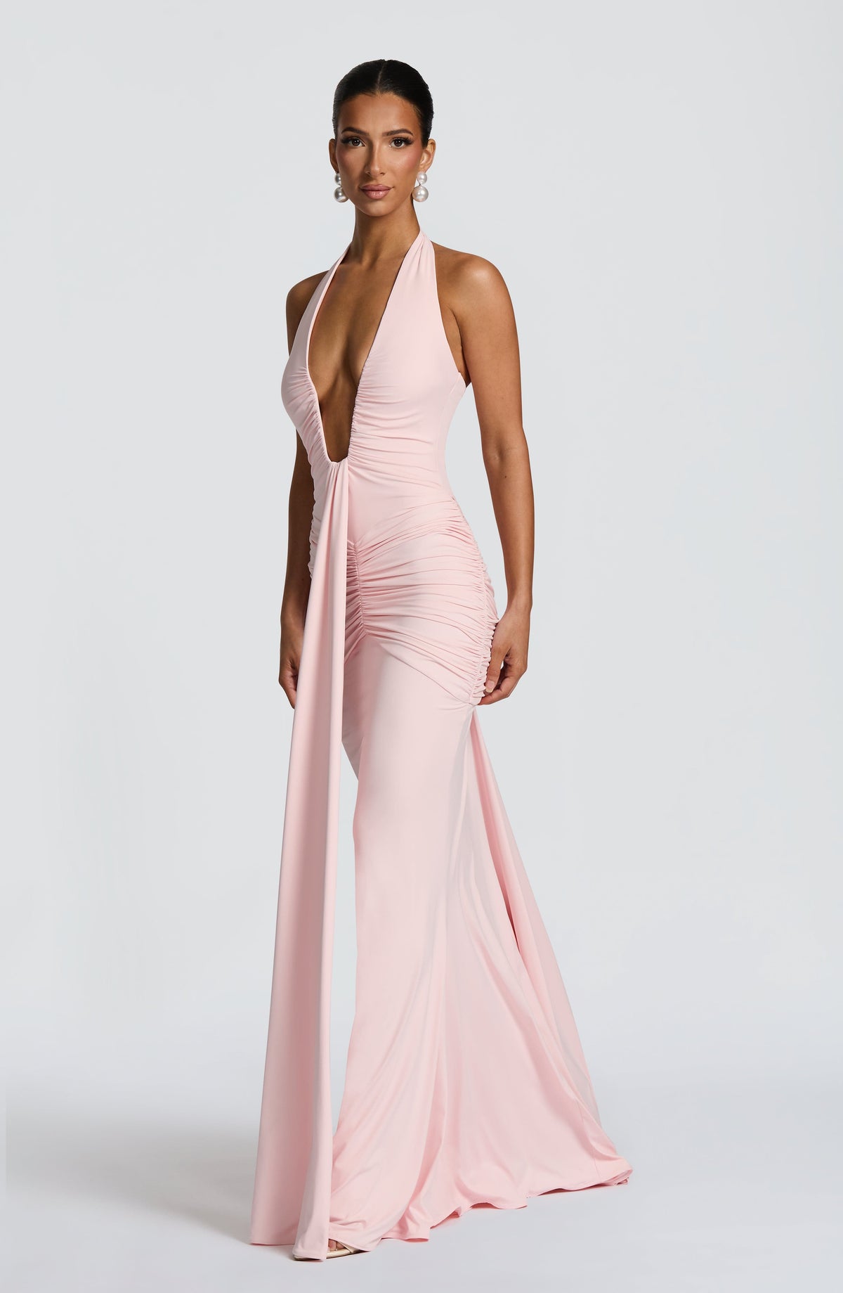 Blush Slinky Maxi Dress – Elegant Train Evening Gown | Meave & Ivy