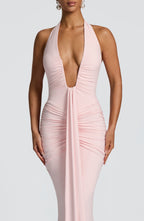 Blush Slinky Maxi Dress – Elegant Train Evening Gown | Meave & Ivy