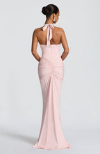 Blush Slinky Maxi Dress – Elegant Train Evening Gown | Meave & Ivy