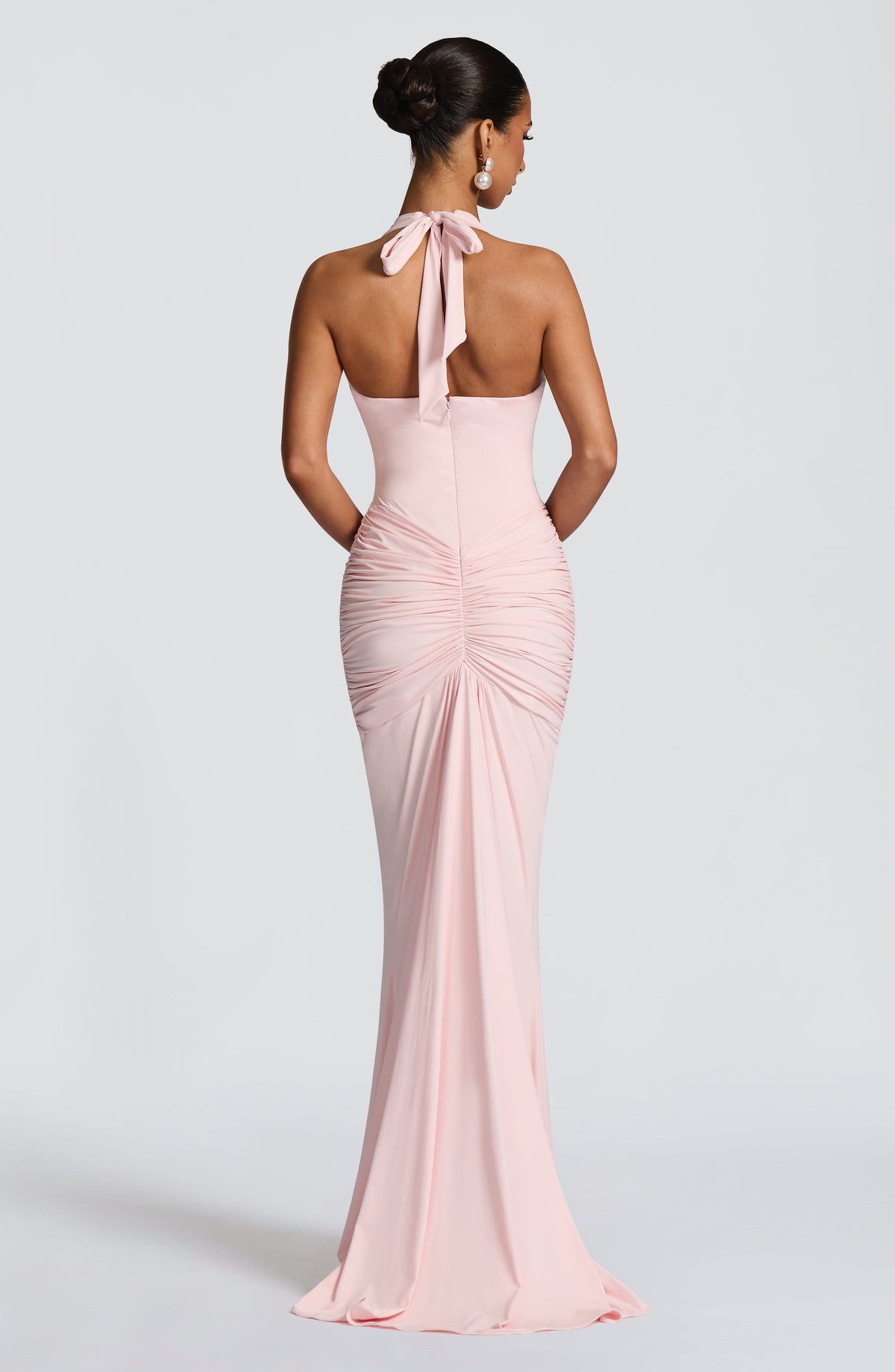 Blush Slinky Maxi Dress – Elegant Train Evening Gown | Meave & Ivy