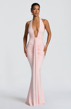 Blush Slinky Maxi Dress – Elegant Train Evening Gown | Meave & Ivy