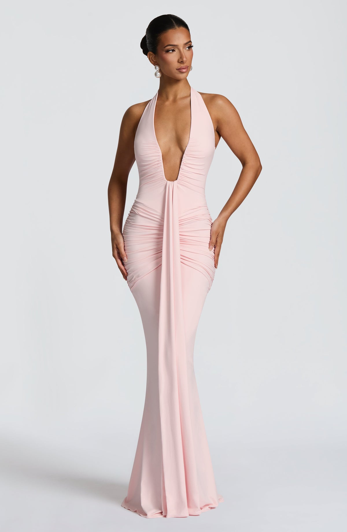 Blush Slinky Maxi Dress – Elegant Train Evening Gown | Meave & Ivy