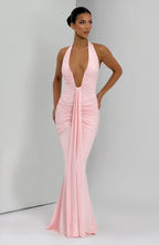 Blush Slinky Maxi Dress – Elegant Train Evening Gown | Meave & Ivy