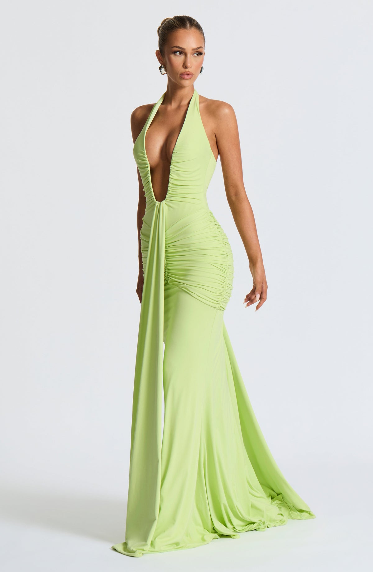 Lime Green Slinky Maxi Dress – Elegant Train Evening Gown | Meave & Ivy