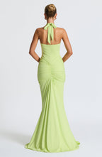 Lime Green Slinky Maxi Dress – Elegant Train Evening Gown | Meave & Ivy