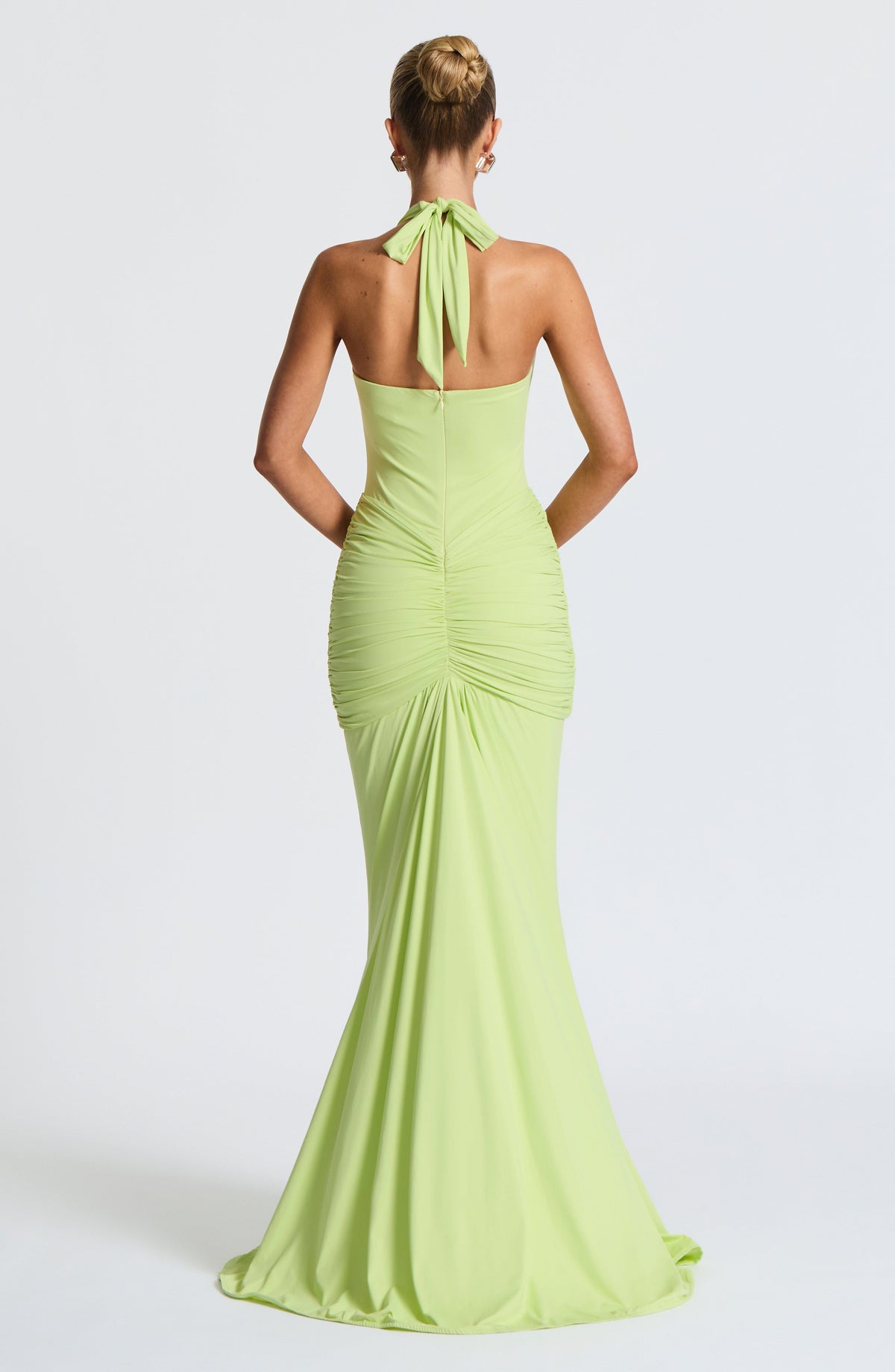 Lime Green Slinky Maxi Dress – Elegant Train Evening Gown | Meave & Ivy