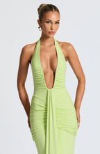 Lime Green Slinky Maxi Dress – Elegant Train Evening Gown | Meave & Ivy