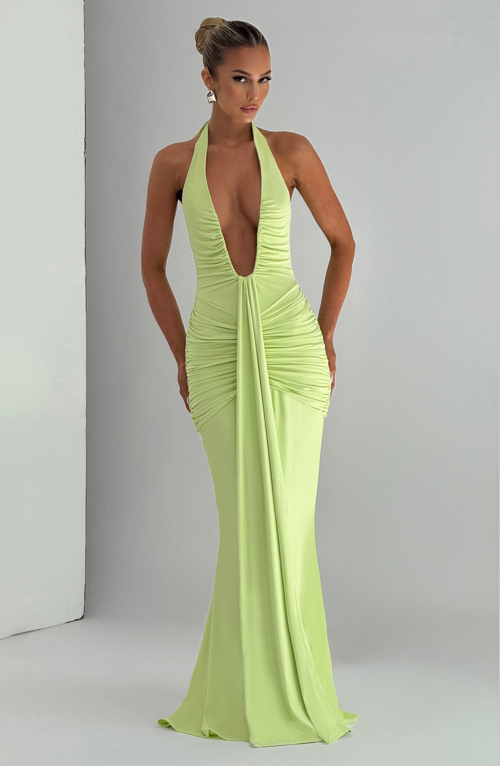 Lime Green Slinky Maxi Dress – Elegant Train Evening Gown | Meave & Ivy