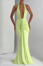 Lime Green Slinky Maxi Dress – Elegant Train Evening Gown | Meave & Ivy